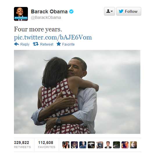 President Obama's victory tweet is the most popular tweet of all time. picture of President Obama's tweet